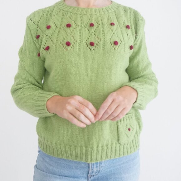 Vintage Hand Knit Lime Green Argyle Crochet PomPom Scoop Neck Sweater Small - Picture 2 of 11